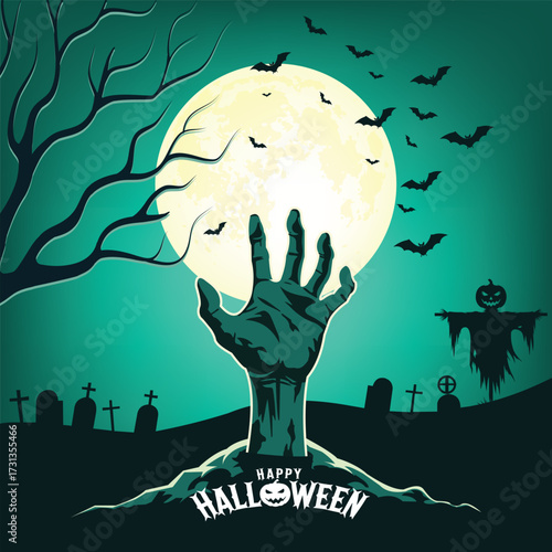 Vector art of spooky halloween hand rising from grave with full moon and bats