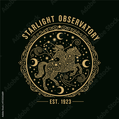 Vintage celestial emblem for Starlight Observatory featuring a rider on a horse amidst stars and crescent moons, with ornate golden details.