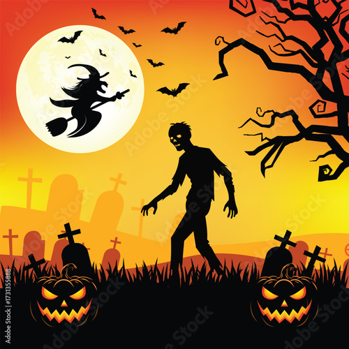 Vector art of spooky halloween scene with witch, zombie, and graveyard