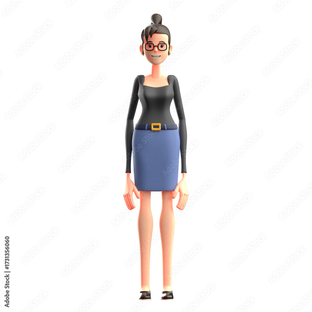Fototapeta premium Cartoon Woman in Black Blouse and Blue Skirt Standing on Transparent Background with Glasses Smiling Elegant Neat Hairstyle and Professional Attire