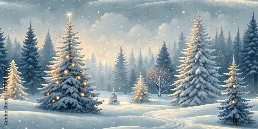 Fototapeta premium Snow-Covered Trees Christmas Seamless Pattern, Holiday Event Festive Forest
