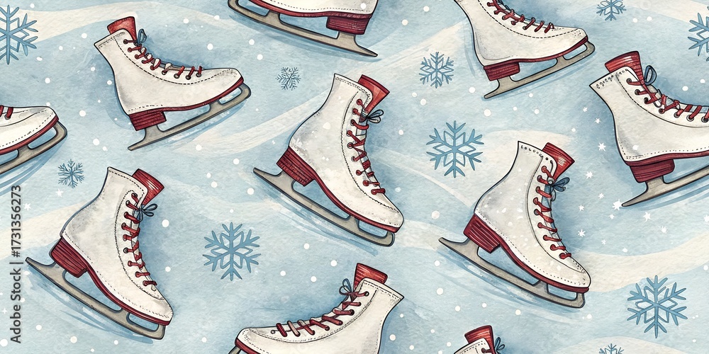 Ice Skates Christmas Seamless Pattern, Holiday Event Skating Fun