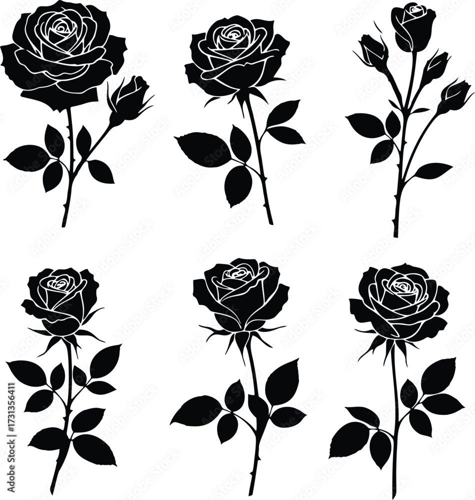 Obraz premium Black and White Rose Silhouettes,Vector Graphics of Rose Flowers, Buds, and Stems for Design Elements and Floral Illustrations
