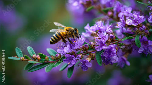 Wallpaper Mural Bee collects nectar from vibrant purple flowers showcasing beauty of nature and essential role of pollinators in ecosystems Torontodigital.ca