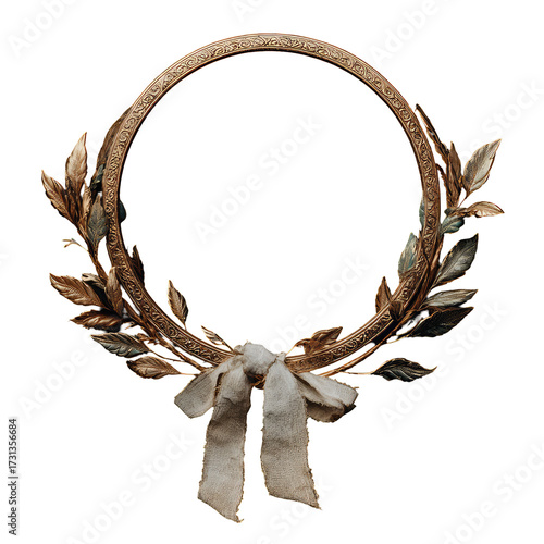 Ornate gold-toned wreath with cream ribbon