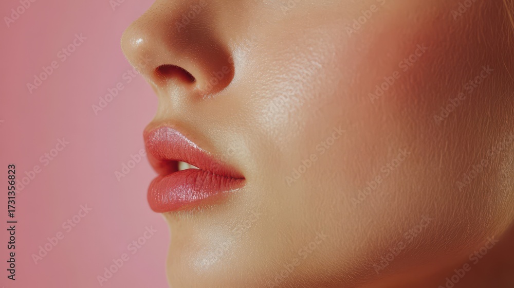 Obraz premium Close-up side view of a young woman smooth skin and natural pink lips against a pastel background, highlighting beauty, skincare, and healthy complexion