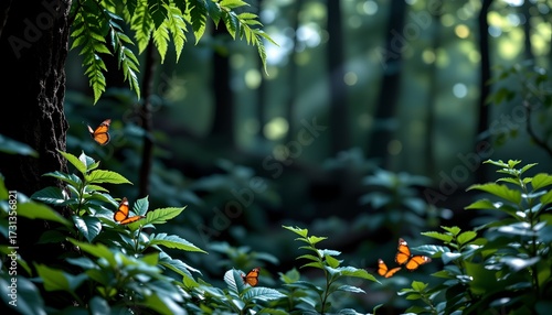 A serene forest setting with a group of butterflies resting atop the lush greenery of fern leaves.