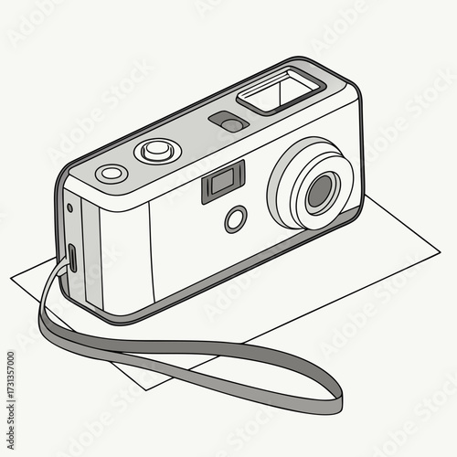 Simple line art illustration of a vintage point and shoot film camera with a wrist strap resting on white paper
