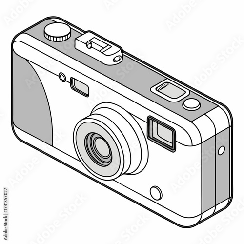 A clean isometric line art illustration of a compact digital camera with a lens and flash on a white background