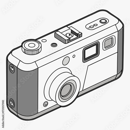 A minimalist isometric illustration of a vintage compact digital camera with a lens and flash mount on a white background