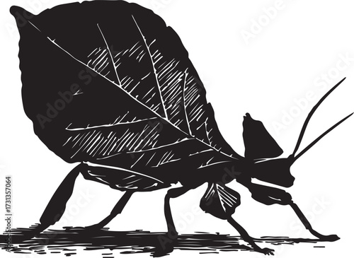 Detailed black and white sketch of a leaf insect mimicking a dry leaf with intricate veining and textured body