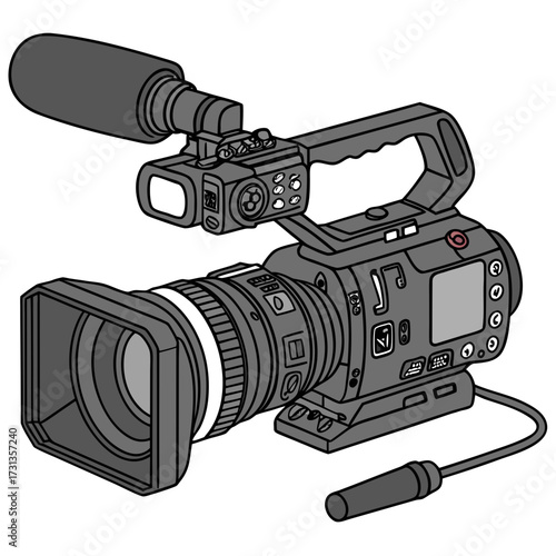 Professional video camera with lens and microphone for filming and recording high quality footage for broadcast and cinema