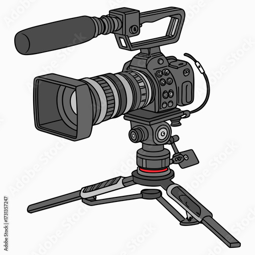 Professional video camera with external microphone mounted on a tripod for stable filming and recording high quality footage