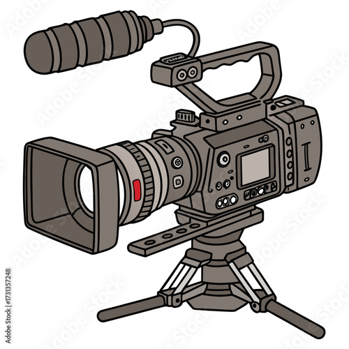 A detailed illustration of a professional video camera with a microphone and tripod ready for filming