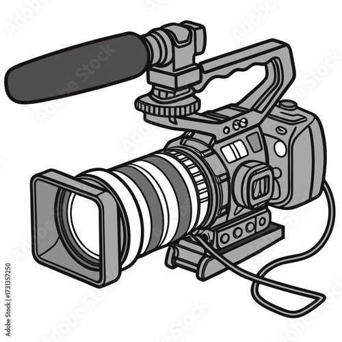 Professional video camera with microphone and lens hood for filming and broadcasting on a white background