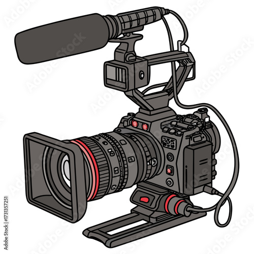 Professional video camera with microphone and lens for film production and broadcasting on a white background