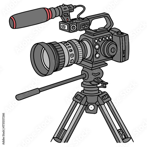 Professional video camera with external microphone and lens mounted on a tripod for filming and recording footage