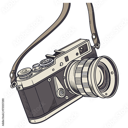 Vintage film camera with a leather strap hanging isolated on a white background retro photography equipment illustration