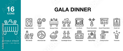 Gala Dinner icon set. Includes celebration, dinner, party, gala, event and More. Editable Stroke Icon Collection.