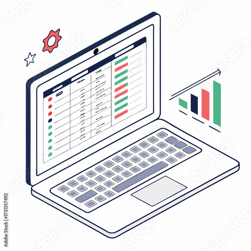 Isometric illustration of a laptop displaying a financial spreadsheet with a bar graph and decorative elements symbolizing success and growth