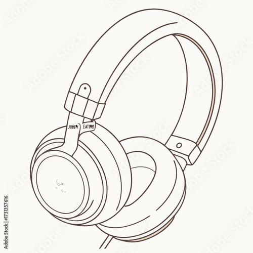 Cute cartoon drawing of headphones with a simple face on one ear cup and a brand name on the headband