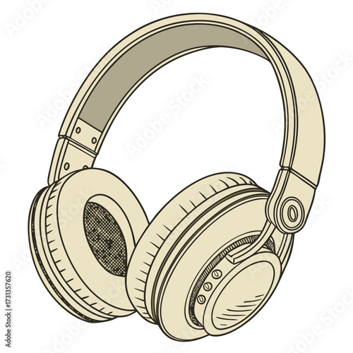 Vintage style illustration of a pair of beige over ear headphones with a textured speaker grill and control buttons