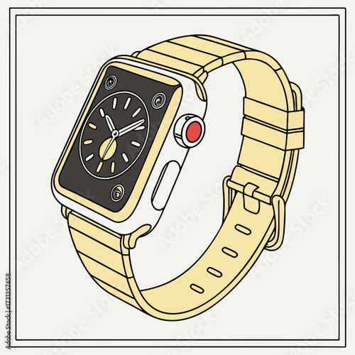 Modern smartwatch with a yellow band displaying a classic analog watch face illustration on a clean background