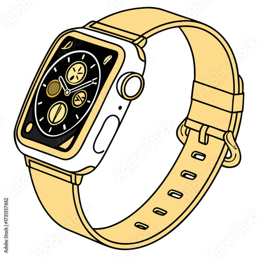 Modern digital smartwatch with a bright yellow band and a black screen displaying gold colored icons and watch hands
