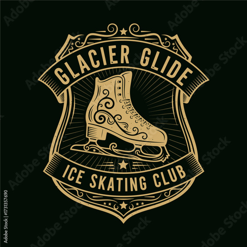 Vintage emblem for an ice skating club featuring an ornate figure skate on a shield.
