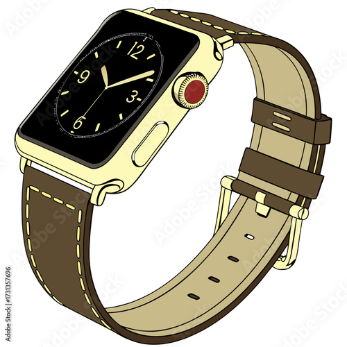 A stylish gold smartwatch with a brown leather band and a classic analog watch face displayed on the screen