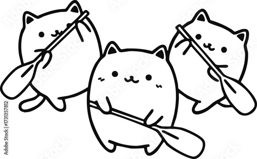 Digital art: three round, cartoon cats paddling with oars, white background, simple black outlines, cute, cheerful mood, no shadows, front view, centered.
