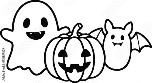 Digital art: A cute ghost, jack-o'-lantern, and bat stand together, cartoonish and outlined in black, creating a simple, cheerful Halloween scene.
