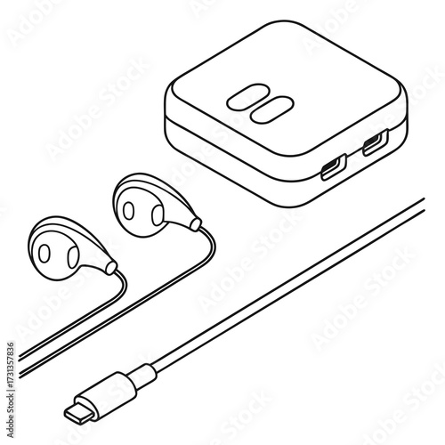 Simple line art illustration of usb type c earbuds and charging case isolated on white background
