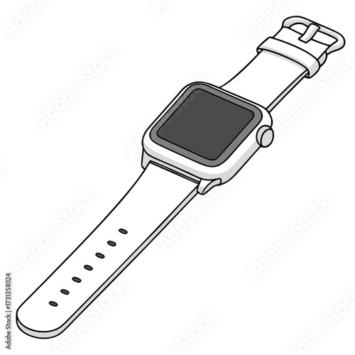 Modern white smartwatch with a dark screen and a simple white strap displayed at an angle on a white background