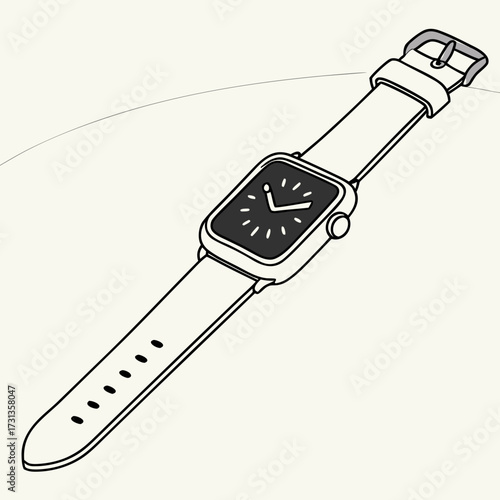 Modern minimalist digital smartwatch with a black screen and white hands on a light background with a subtle curved line