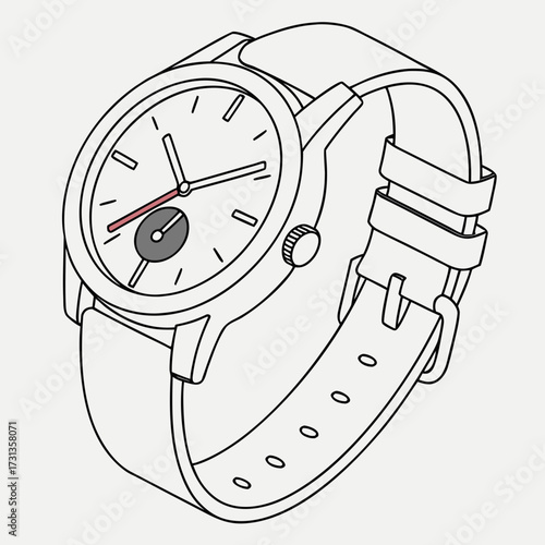 Minimalist analog wristwatch with a clean white dial and a simple leather strap presented in a line art style