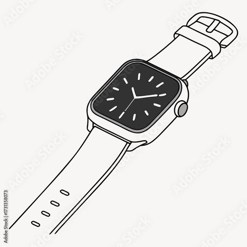 Modern digital smartwatch with a black face and white hands on a light colored strap with a buckle detail