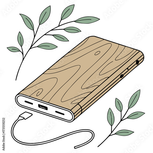 Stylish wooden texture portable power bank with connected charging cable and decorative green leaves on white background