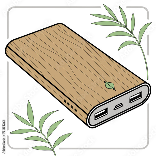 Eco friendly portable power bank with wood grain texture and green leaf symbol surrounded by delicate green branches