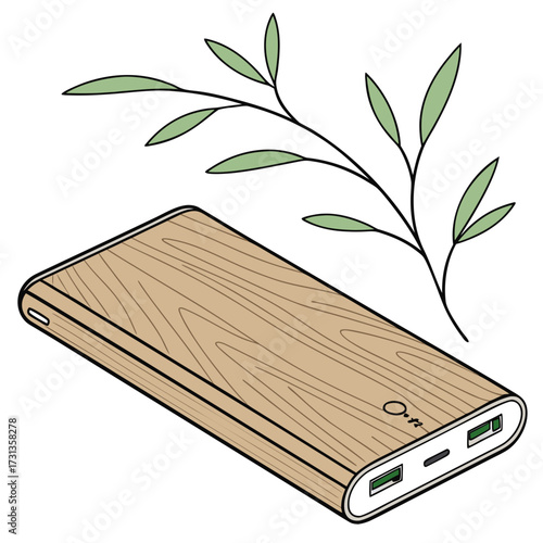 Stylish wooden textured portable power bank with a delicate green leaf branch for eco friendly technology concepts