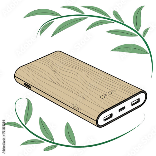 Modern portable power bank with a natural wood grain texture design and green leafy branches framing the device