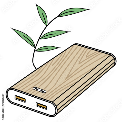 Eco friendly portable power bank with a natural wood grain texture and a green plant sprout growing from it
