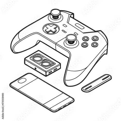 Isometric line art illustration of a modern game controller smartphone and gaming accessories arranged on a white background