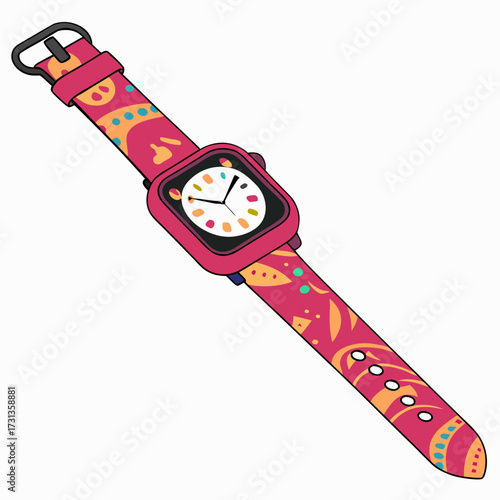 A vibrant and colorful digital smartwatch with a patterned strap featuring abstract shapes and dots on a white background