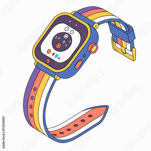 Modern digital smartwatch with a colorful striped band and a playful screen display isolated on a white background