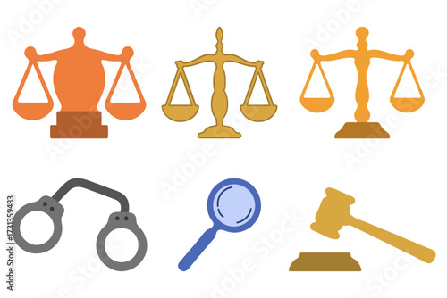 Justice Icon Set: Scales, Handcuffs, Gavel and Magnifying Glass