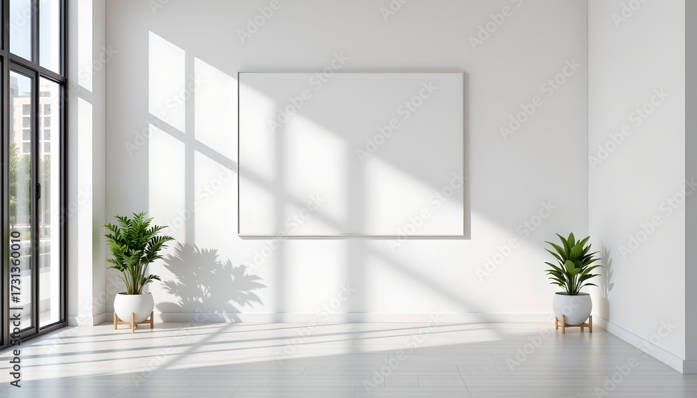 Fototapeta premium A modern interior space, likely part of a corporate or residential setting. The room features bright natural light from large windows on one side, which is creating a warm and inviting atmosphere