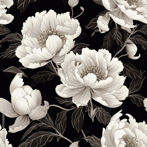 Elegant seamless floral monochrome pattern on black background, tileable texture for modern and timeless luxury design,