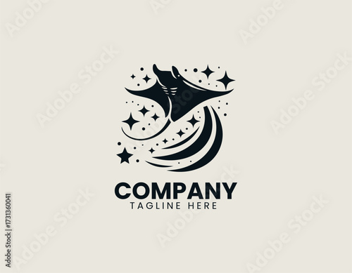 Vector logo shows star combined with manta ray illustration in minimal ocean design