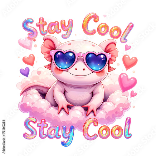 Cute, pink axolotl wearing heart-shaped sunglasses, sitting on a fluffy cloud, surrounded by glittery hearts and Stay Cool bubbly text.